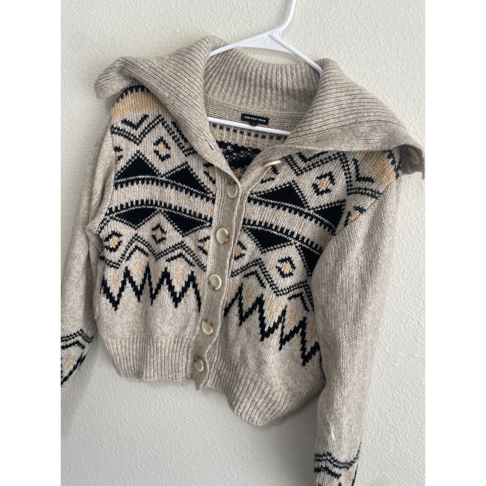 Who What Wear Fair Isle Cardigan Women S Oatmeal Sailor Collar Excellent Cropped - Picture 2 of 8